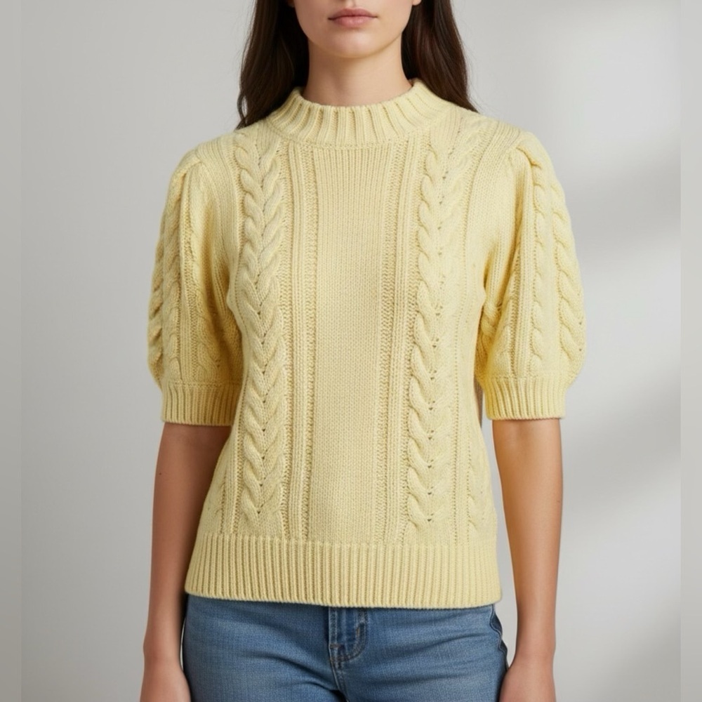NEW English Factory Cable Knit Puff Sleeve Sweater Top in Lemon Sz S